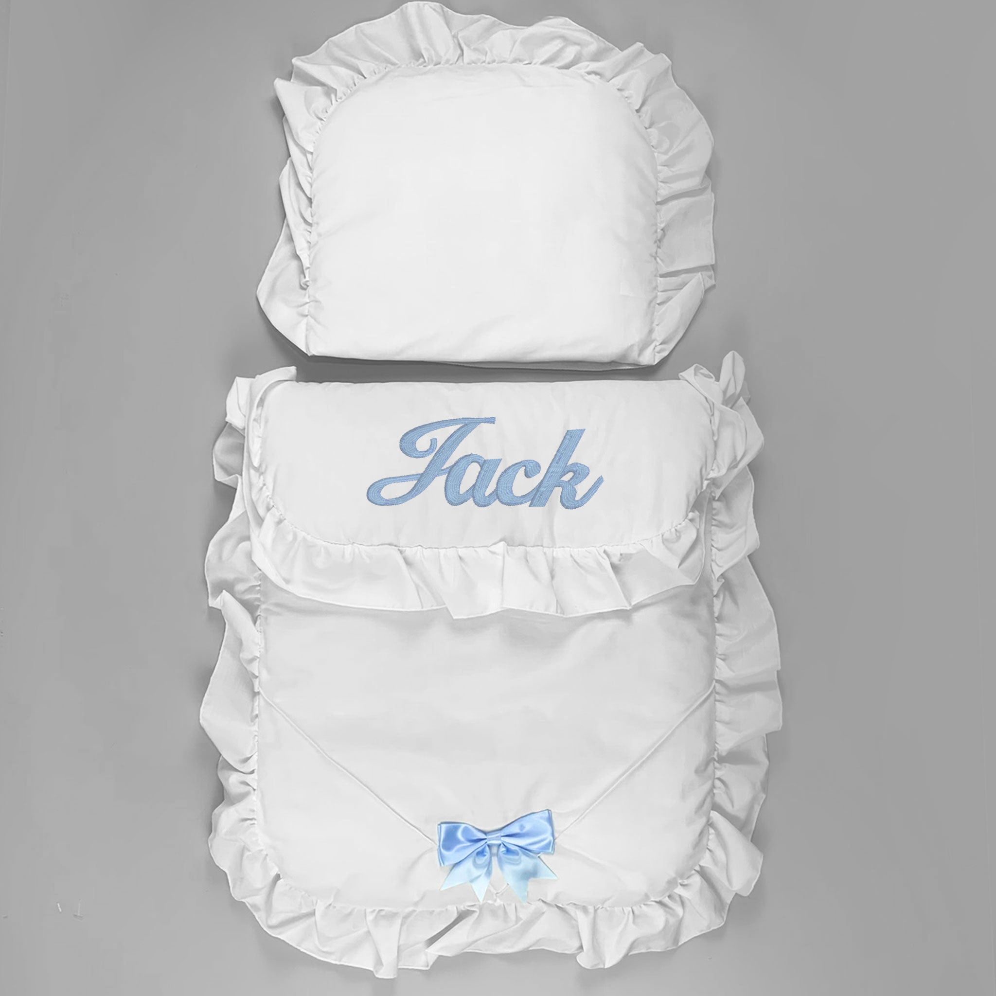 baby boys white with blue satin bows pram set personalised