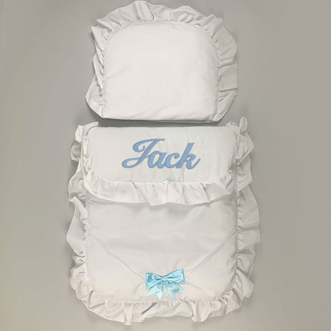 Personalised Pram Set - Quilt & Pillow - White Blue