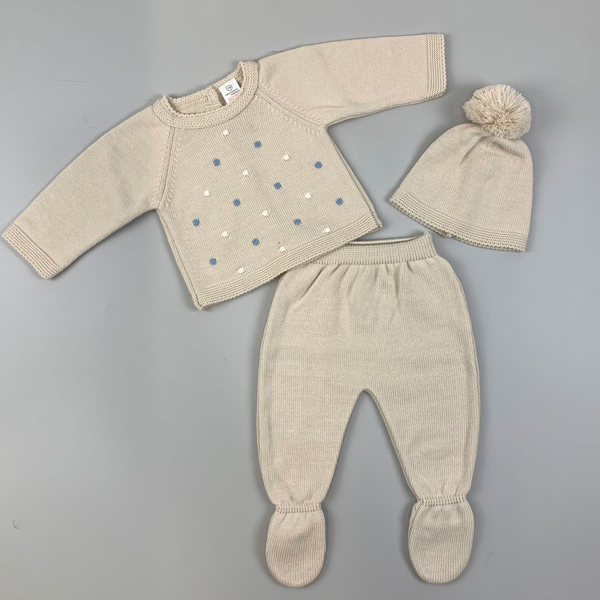 Baby  3 Piece Knitted Set - Trousers, Top & Pom Hat - Beige