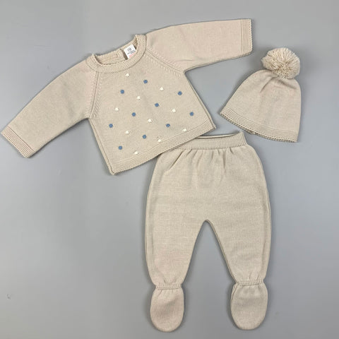 Baby  3 Piece Knitted Set - Trousers, Top & Pom Hat - Beige