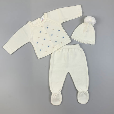 Baby  3 Piece Knitted Set - Trousers, Top & Pom Hat - White