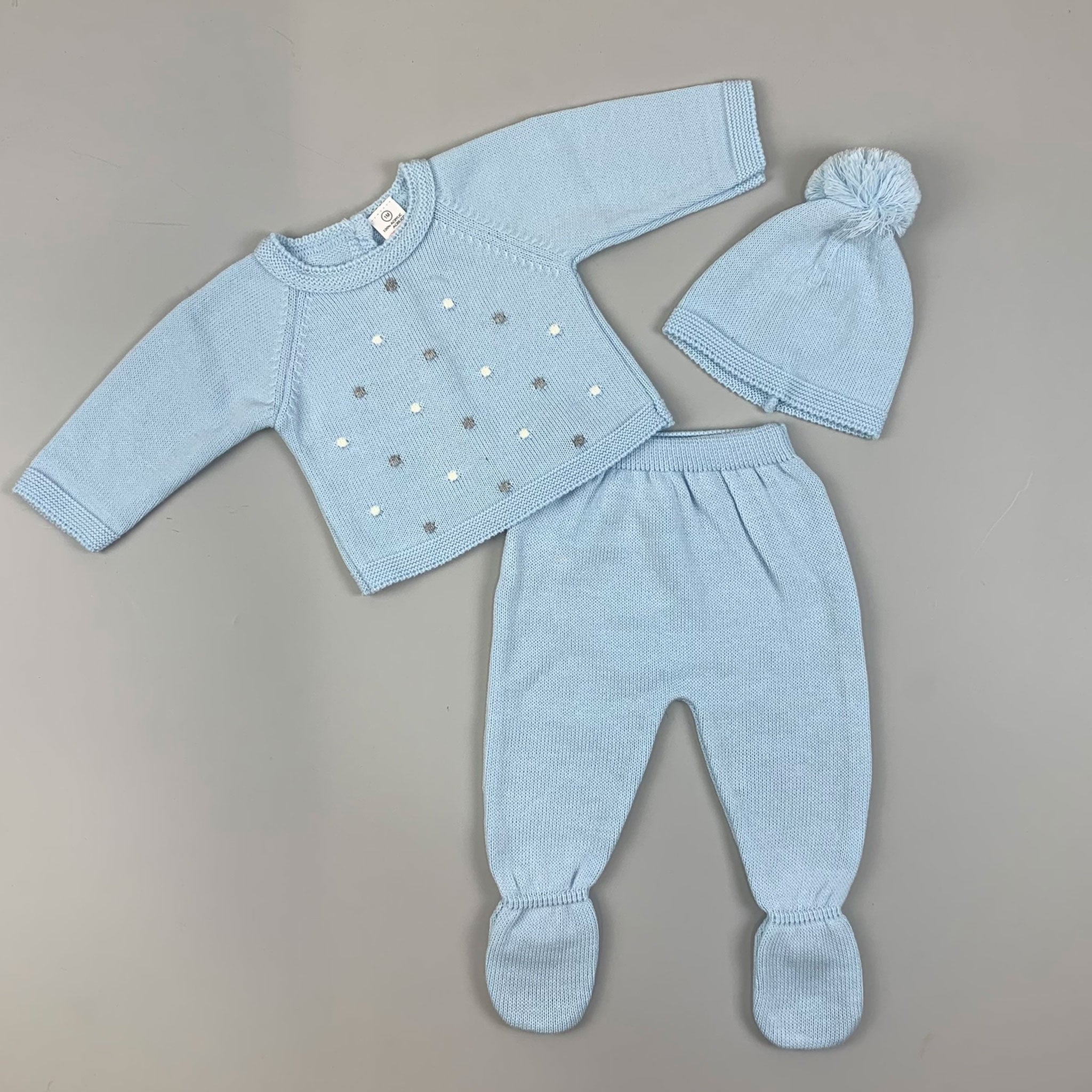 Baby Blue 3 Piece Knitted Set - Trousers, Top & Bobble Hat - Blue