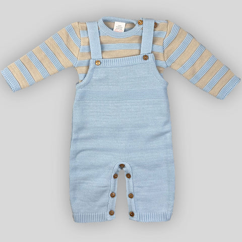 baby boys knitted dungaress set blue and beige