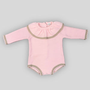 baby girl pink knitted romper with ruff collar