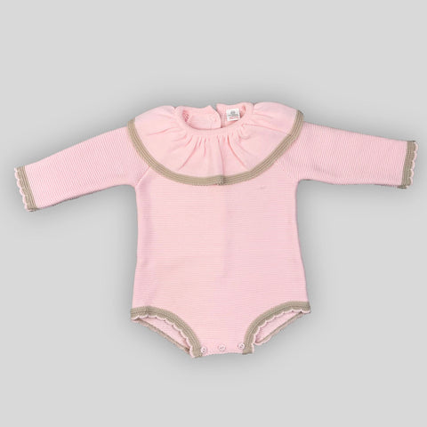 baby girl pink knitted romper with ruff collar