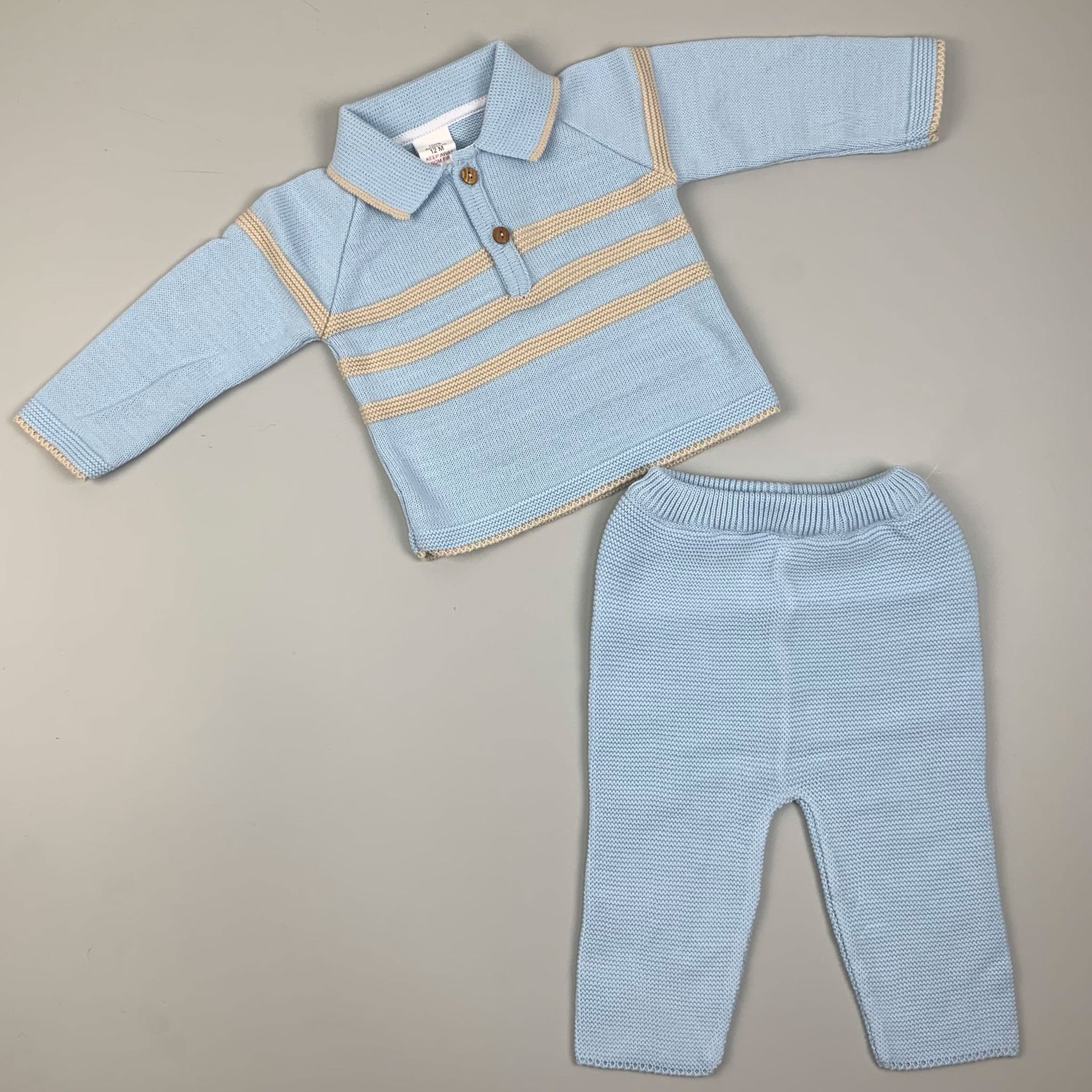 Baby Boys 2 Piece Striped Knitted Outfit- Trousers and Top- Blue