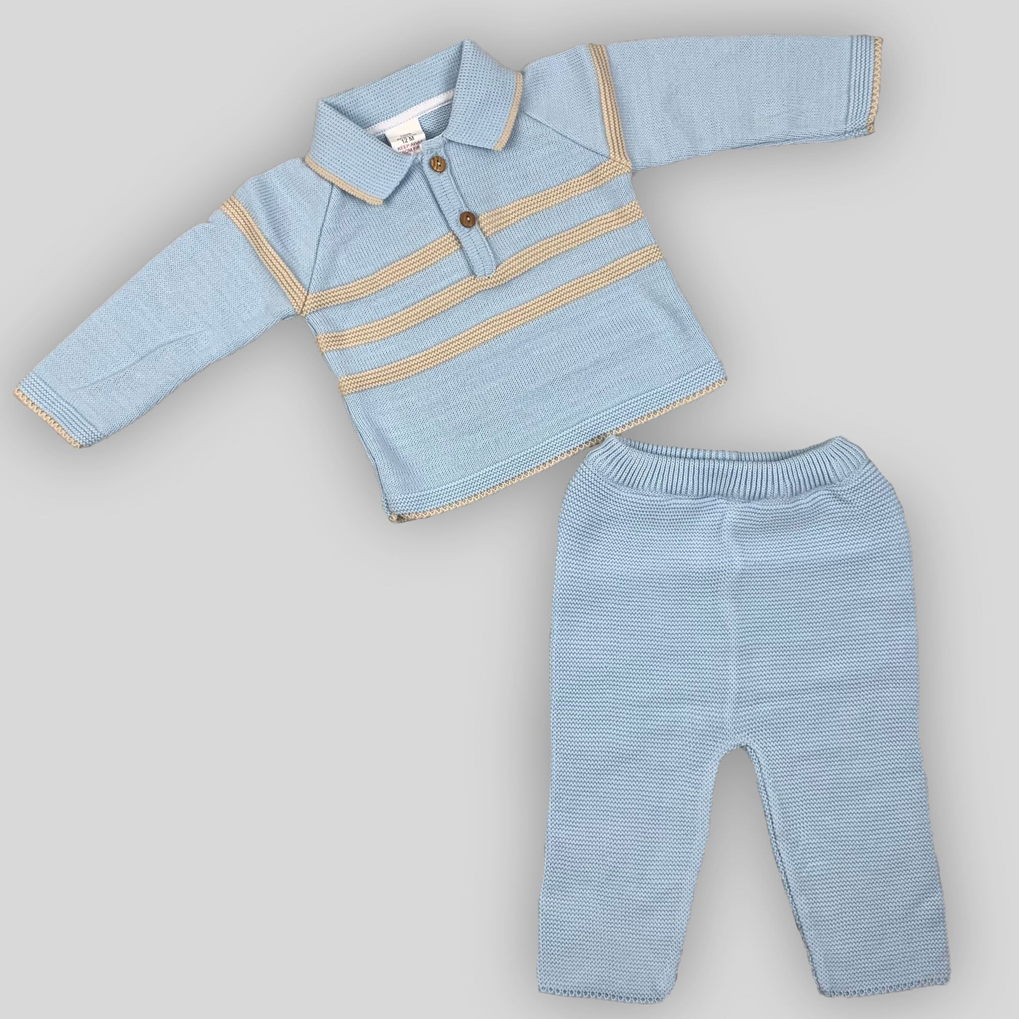 baby boys blue and beige knitted outfit