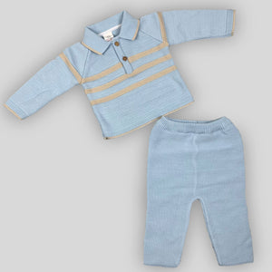 baby boys blue and beige knitted outfit