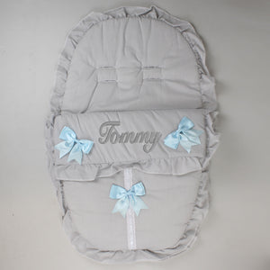 Personalised Grey Car Seat Cosy Toes / Footmuff with Blue Bows