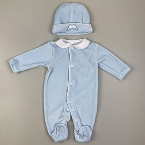 Baby Angel Wings Velour Sleepsuit with Hat - Blue