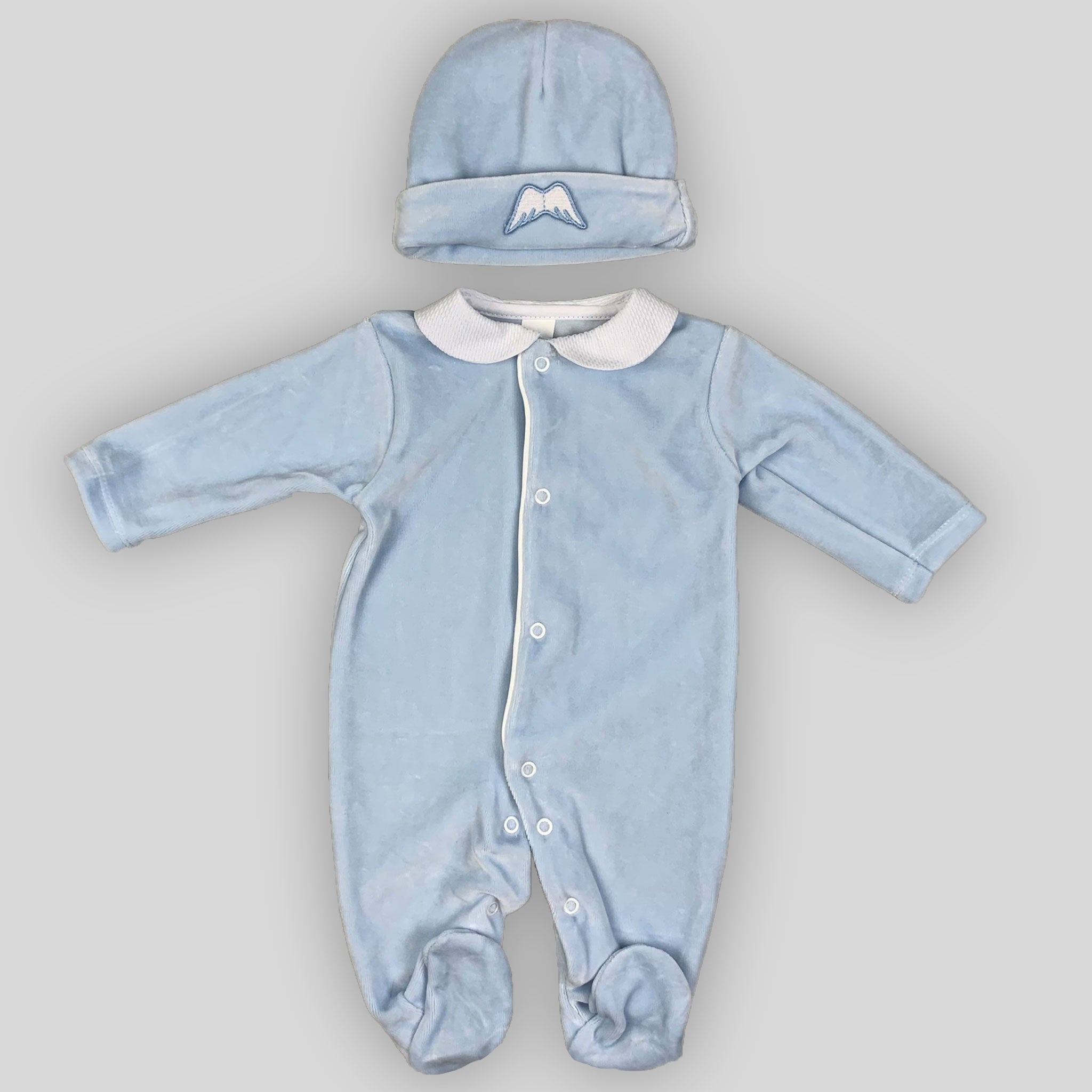 baby boys blue velour sleepsuit with angel wings