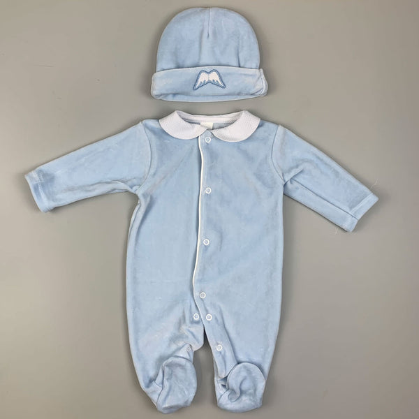 Baby Angel Wings Velour Sleepsuit with Hat - Blue