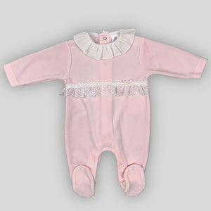 baby girls pink velour sleep suit lace white collar