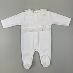 Baby Girls Velour Baby Grow / Sleepsuit with Lace - White