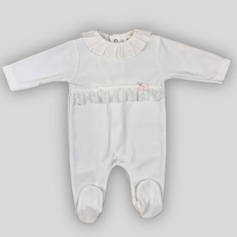 baby girl white cotton sleepsuit with lace and bow