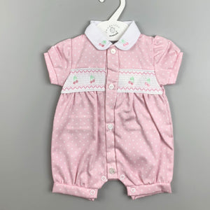 Baby Girls Pink Romper - with Smocking