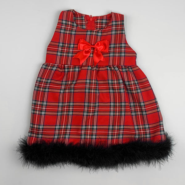 Baby Girls Red Tartan Dress with Cape - Marabou Feather Trim