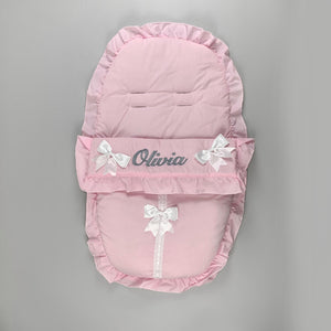 Personalised Pink Car Seat Cosy Toes / Footmuff with White Bows