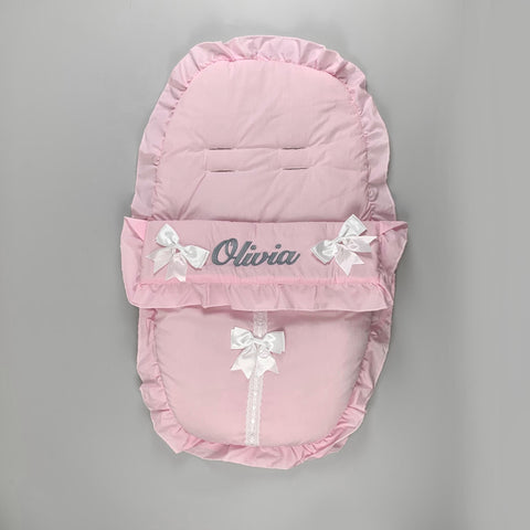 Personalised Pink Car Seat Cosy Toes / Footmuff with White Bows