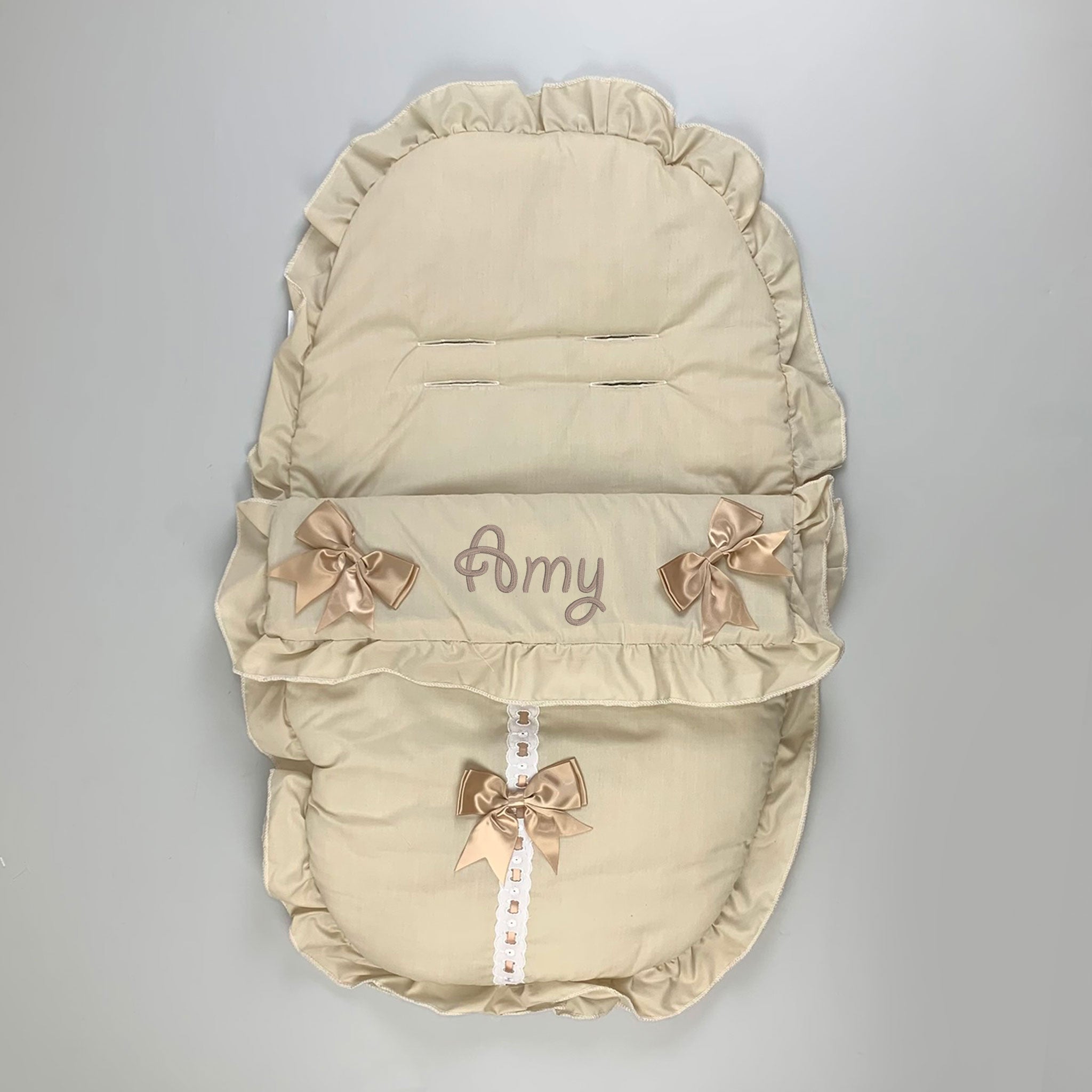 Personalised Beige Car Seat Cosy Toes / Footmuff with Beige Bows