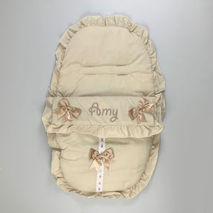 Personalised Beige Car Seat Cosy Toes / Footmuff with Beige Bows