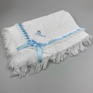 White Luxury Baby Boy Shawl – Prince Embroidery & Blue Satin Trim