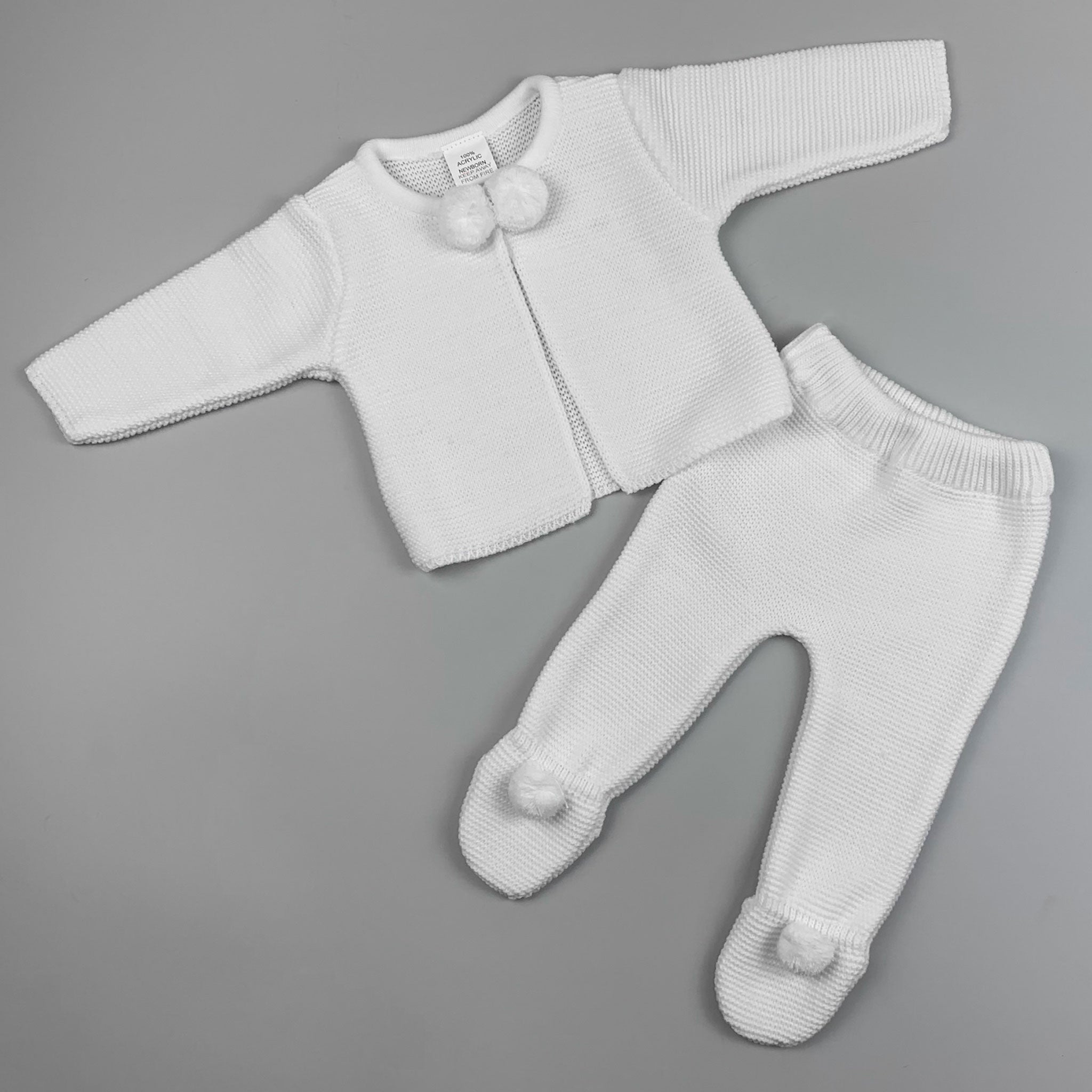 knitted white two piece pom suit iunisex