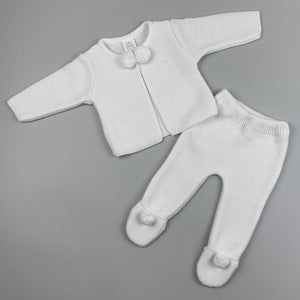 knitted white two piece pom suit iunisex