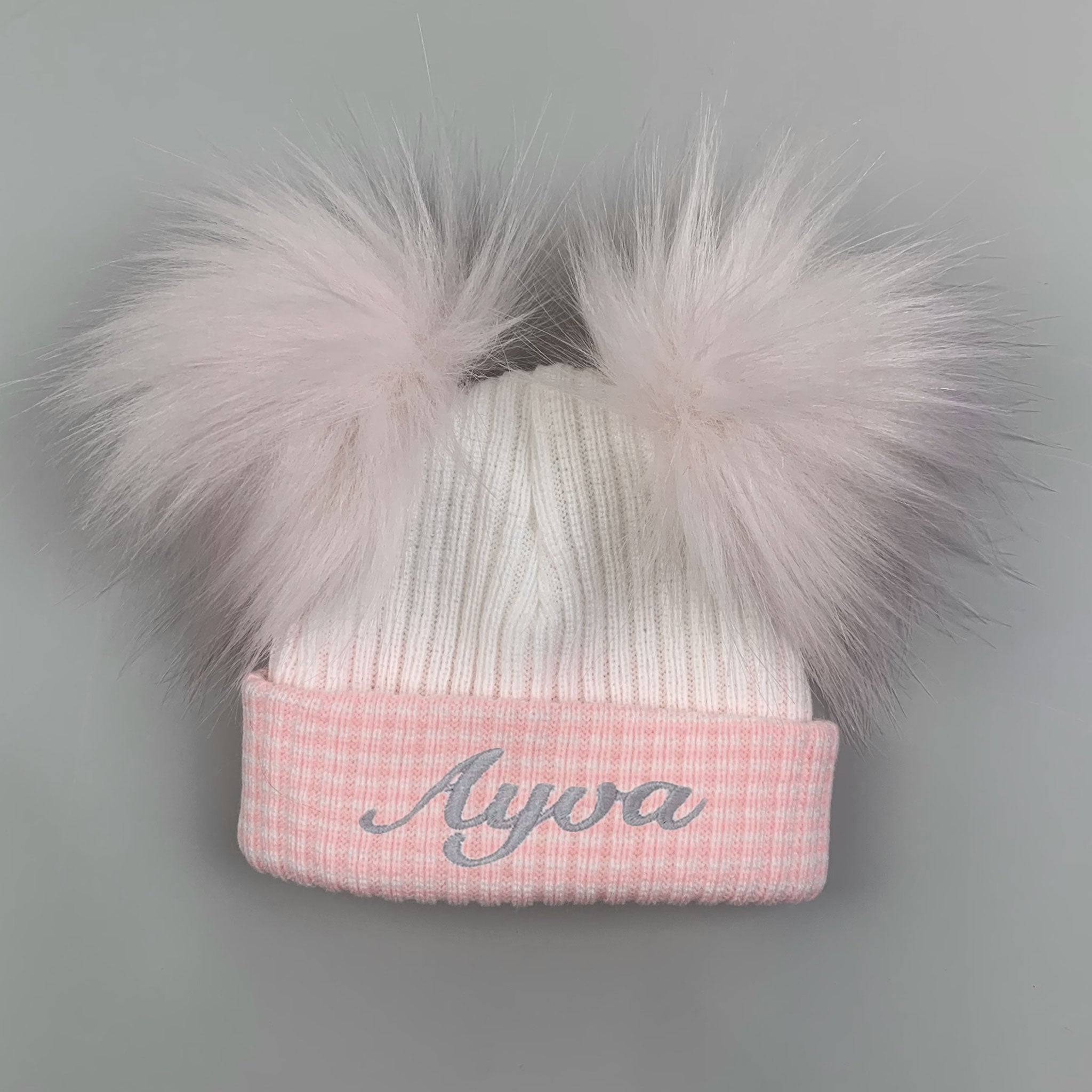 Newborn Baby Pom Hat - Waffle White Pink- Double Pom - First Size- Personalised