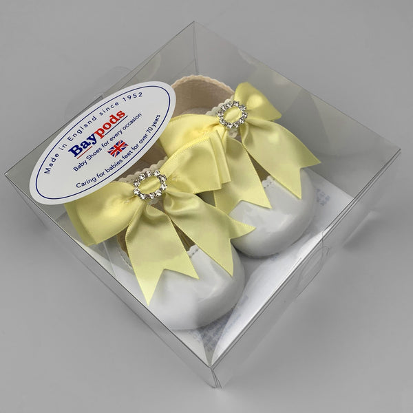 girls white and yellow bow diamante shoes