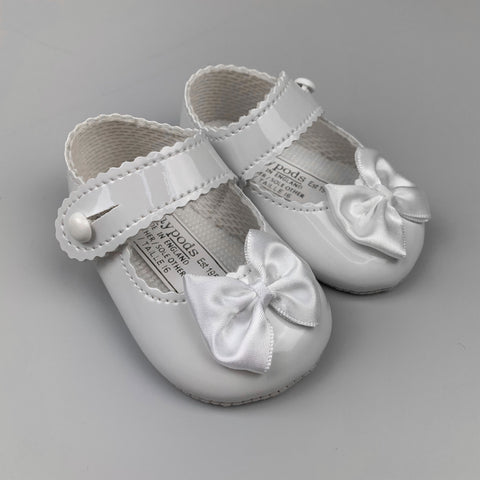 baby girl white patent pram shoes with bow