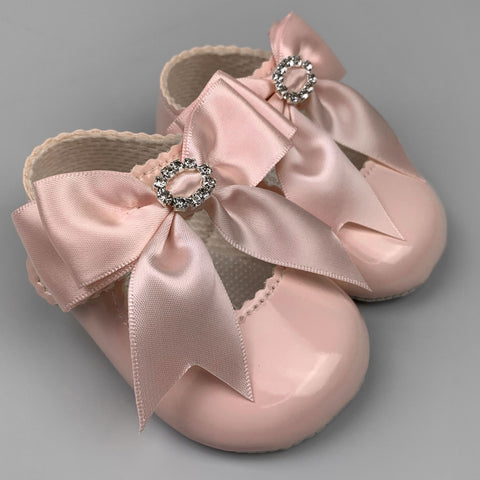 baby girls pink large satin bow diamante shoes