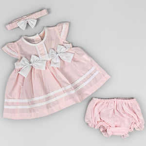 baby girls summer pink and white dress with headband and knickers