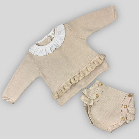 beige baby girls knitted set two piece 