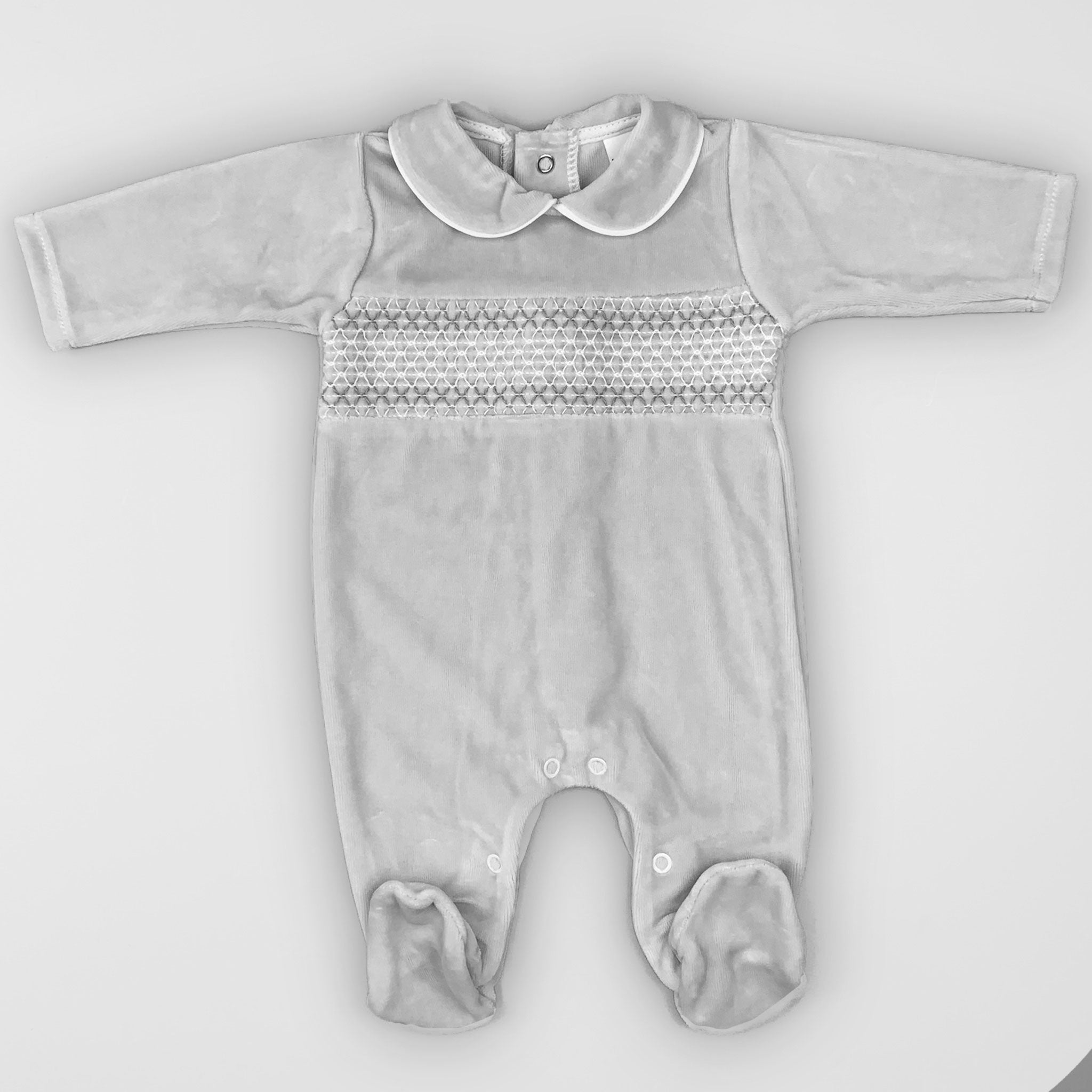 baby unisex grey velour sleepsuit