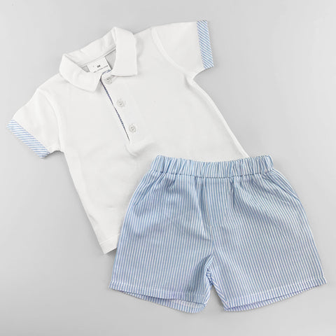 Baby Boys White Polo Shirt & Striped Shorts Set – 100% Cotton