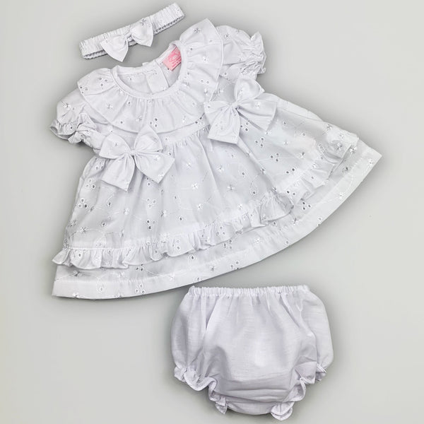 white baby girls three piece dress headband and pants