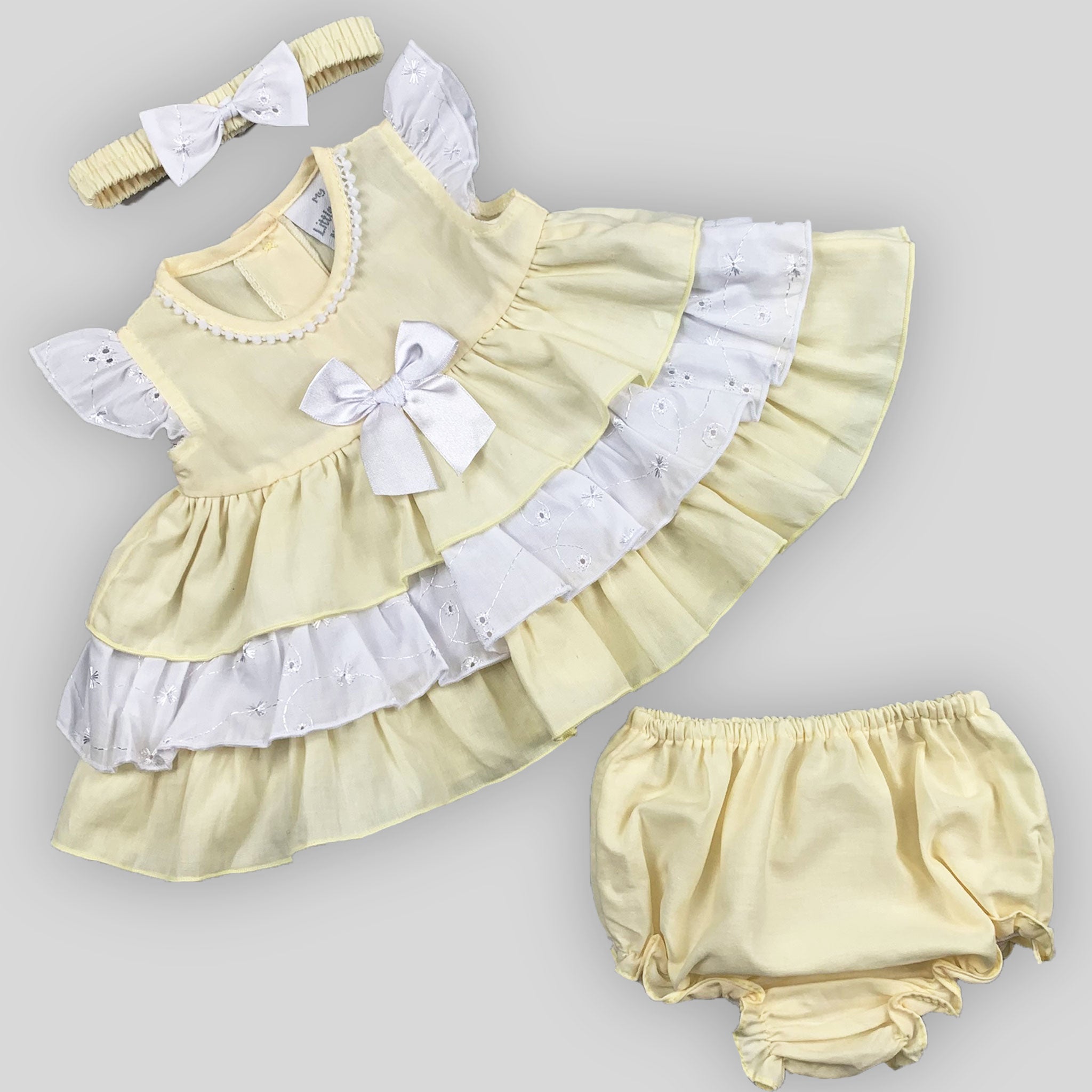 Baby Girl Lemon Yellow Spring/Summer Dress – 3-Piece Set with Headband & Knickers