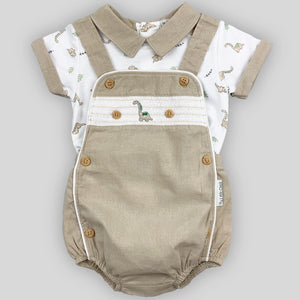 baby boys two piece dinosaur dungarees and shirt