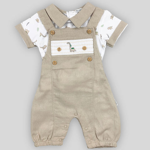 My Little Chick Baby Boys Linen Summer Outfit – Dinosaur Smocking