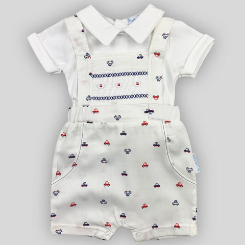 Baby Boy’s Two-Piece Outfit – White T-Shirt & Cream Smocked Dungarees