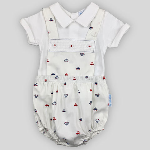 Baby Boy’s Two-Piece Outfit – White Peter Pan Collar T-Shirt & Smocked Car-Print Dungarees