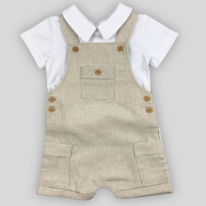 Baby Boy’s White Shirt & Beige Linen Dungarees with Wooden Buttons