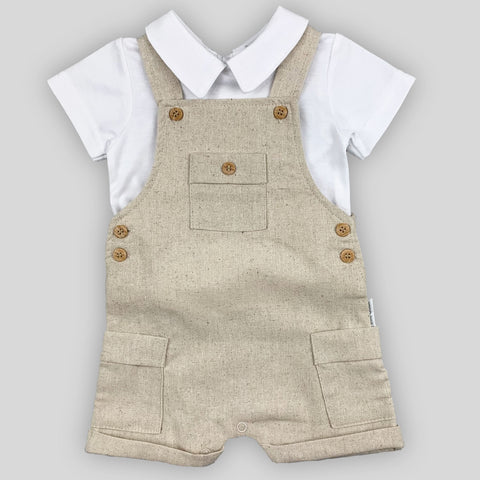 Baby Boy’s White Shirt & Beige Linen Dungarees with Wooden Buttons