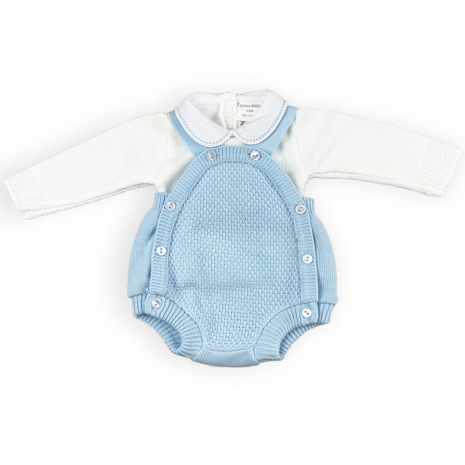 baby boys blue knitted romper and shirt