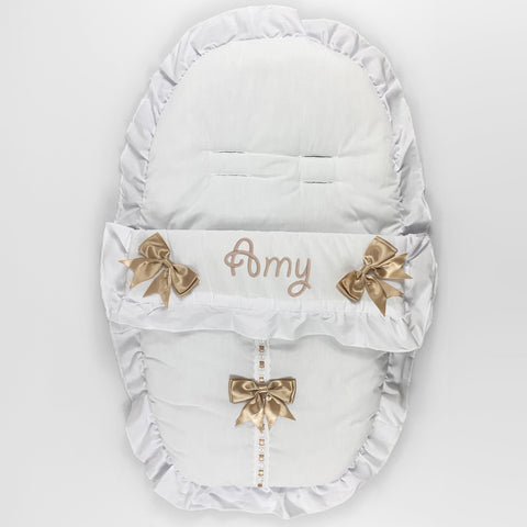 baby personalised car seat white beige bows