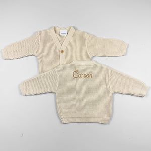 personalised baby cardigan beige with name on back