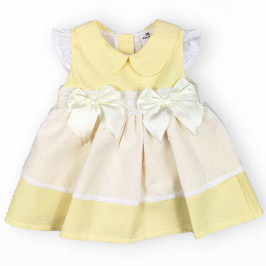 Baby Girls Lemon Yellow Spanish-Style Summer Dress – Satin Bows & Lace Detail