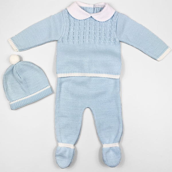 Baby Boys 3 Piece Knitted Outfit - Jumper, Bottoms and Hat