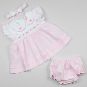 Baby Girl Pink Summer Dress with Flower Embroidery, Matching Headband and Bloomers